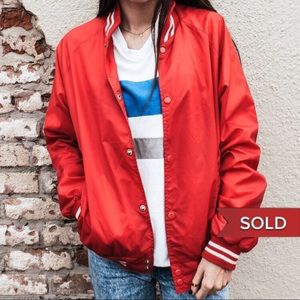 Vintage Red Varsity Striped Bomber Jacket